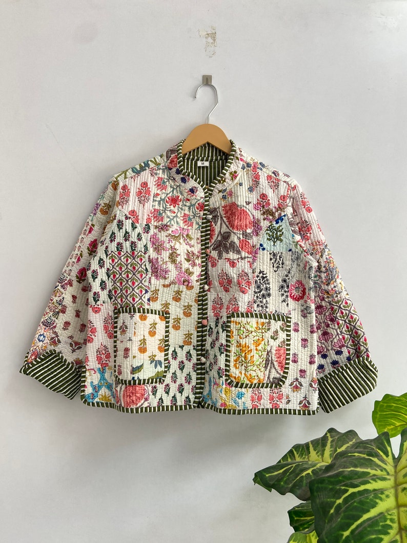 Patchwork Cotton Quilted Jacket Bohemian Winter wear Coat Reversible Short Jacket For Women's Handmade Stripe Piping Coat Boho New Style