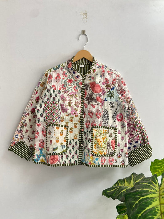Patchwork Cotton Quilted Jacket Bohemian Winter wear Coat Reversible Short Jacket For Women's Handmade Stripe Piping Coat Boho New Style