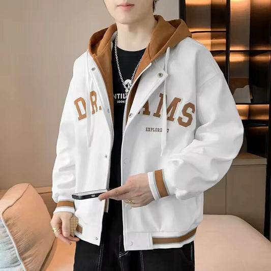 2023 New Style Men's Illusion Jacket Hooded Top American Style Baseball Jersey Trendy Youth Jacket Two-piece Set Spring Autumn