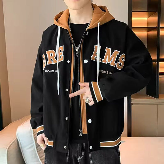 2023 New Style Men's Illusion Jacket Hooded Top American Style Baseball Jersey Trendy Youth Jacket Two-piece Set Spring Autumn